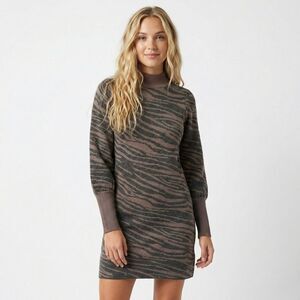 NWT Heartloom Lari Sweater Dress Medium Brown Black Animal Print Mock Neck Mini